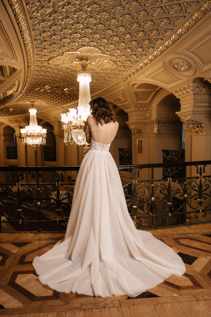 Ivory A-Line Spaghetti Strap Wedding Dress with Sequin – Tulle Wedding Dress with Corset Bodice Plus Size – JULIANA