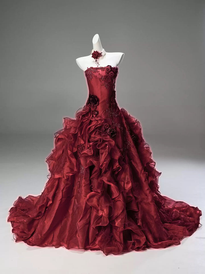 Burgundy Strapless Layered Ruffle Dress with Floral Appliqué – Floral Evening Dress with Corset Back Plus Size