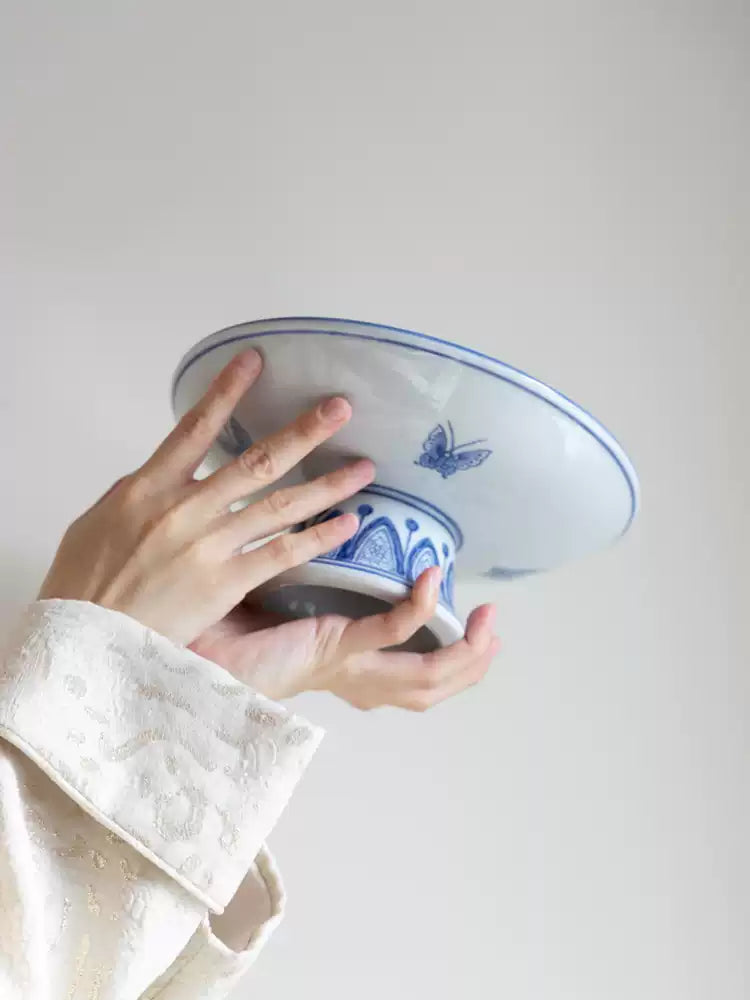 Antique Handcrafted Blue and White Pedestal Bowl and Painted Porcelain Plates