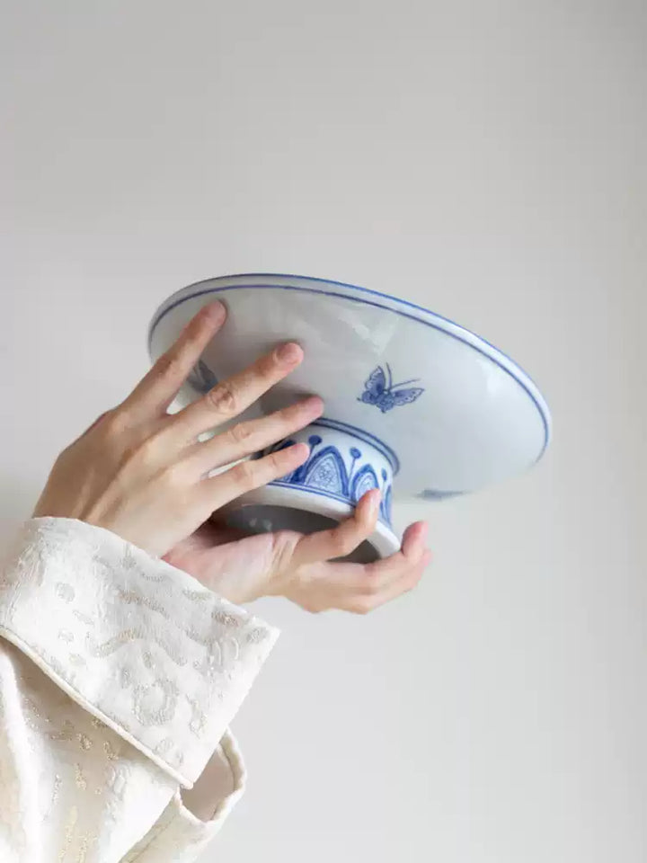 Antique Handcrafted Blue and White Pedestal Bowl and Painted Porcelain Plates