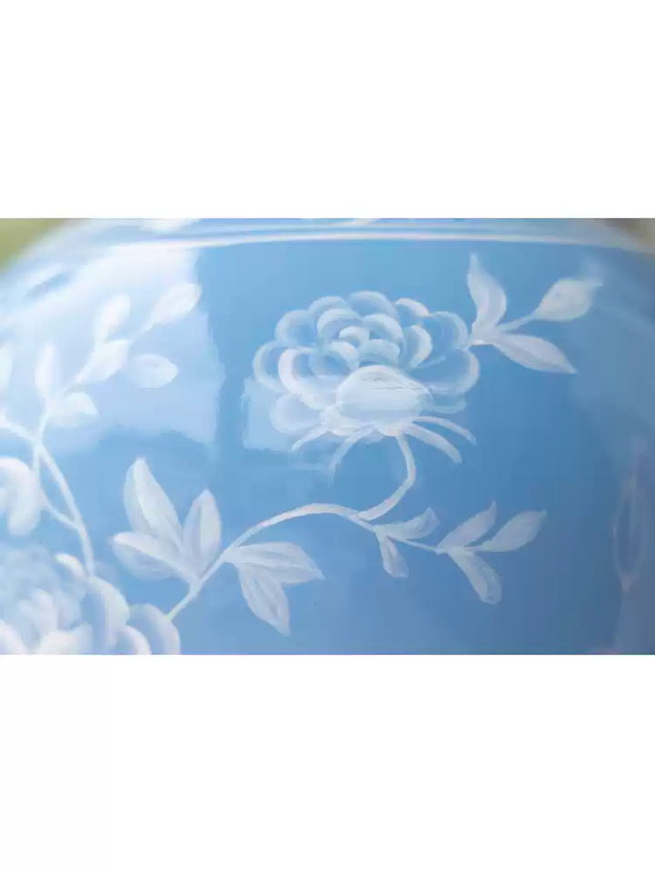 Antique Italian Smoky Blue and White Porcelain Vase with Hand-Painted Floral Motifs and Gilded Rim