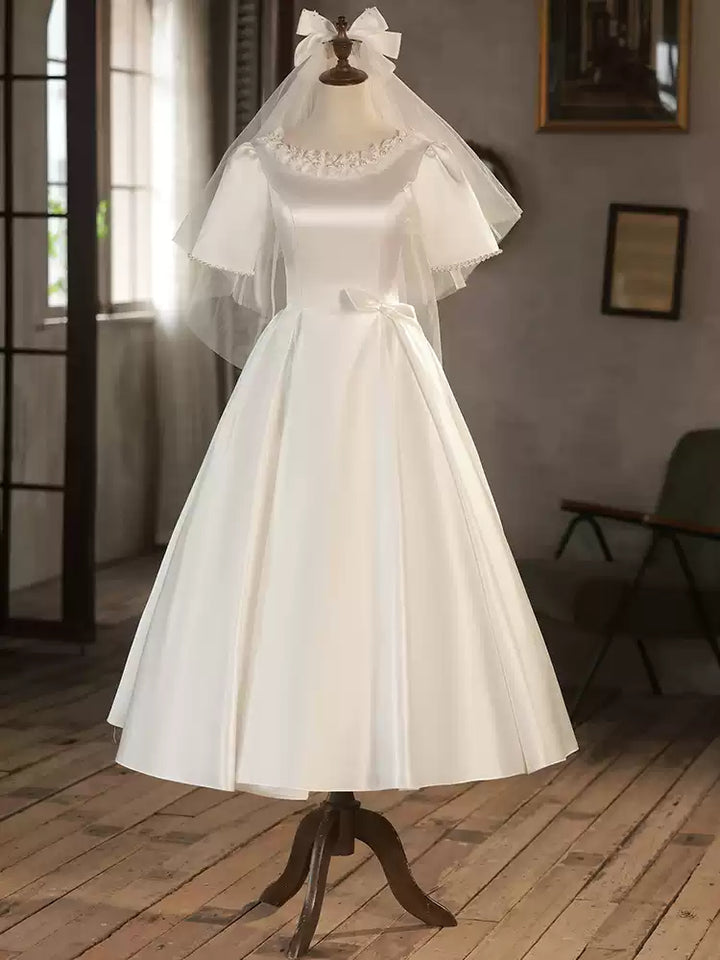 Satin Tea Length Wedding Dress with Floral Neckline – Simple Short Sleeve Wedding Dress with Bow Detail Plus Size