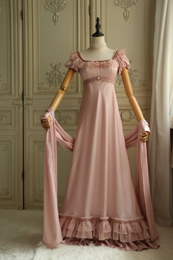 Regency Era Vintage Dusty Rose Empire Waist Dress – Bridgerton Inspired Pink Embossed Gown Plus Size