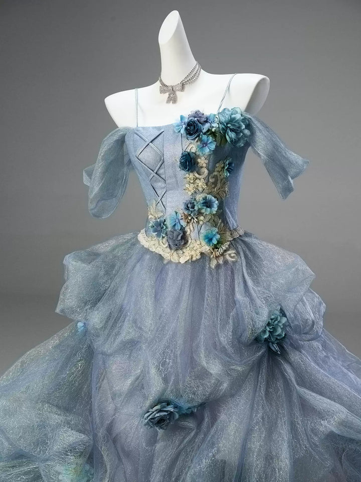 Dusty Blue Off-Shoulder Layered Tulle Ruffle Dress with Floral Appliqué – Floral Evening Dress with Corset Back Plus Size