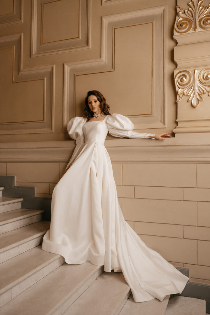 Ivory A-Line Wedding Dress with Empire Waist – Long Sleeves Wedding Dress with High Slit Plus Size – PAOLA