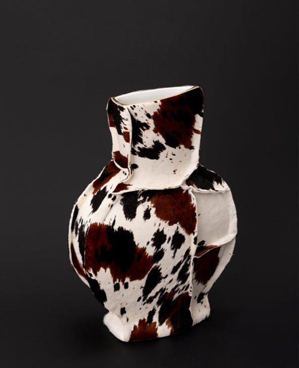 Handmade Italian Limited Edition Cowhide Leather Ceramic Vase