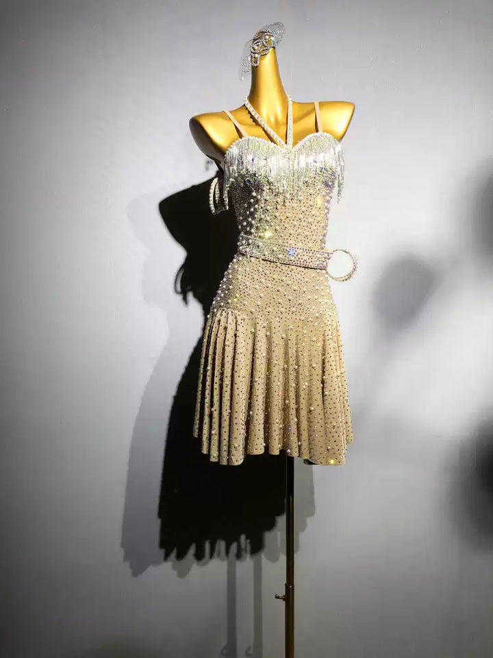 Champagne Sparkly Salsa Dance Dress Champagne with Rhinestone Belt and Pleated Skirt – Latin Dance Costumes