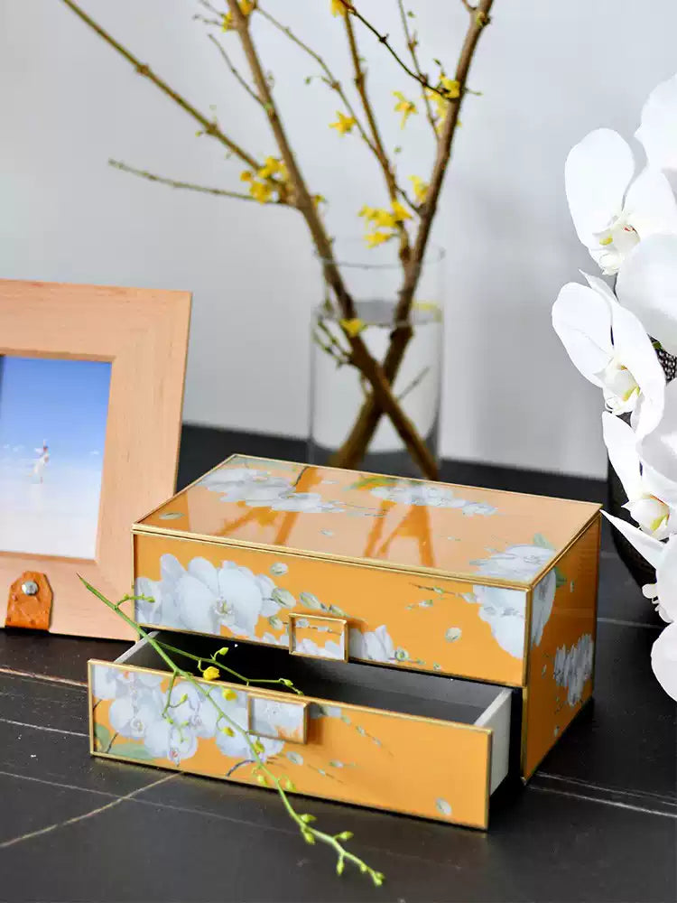 Vintage-Inspired Handmade French Yellow Orchid Painted Glass Jewelry Box