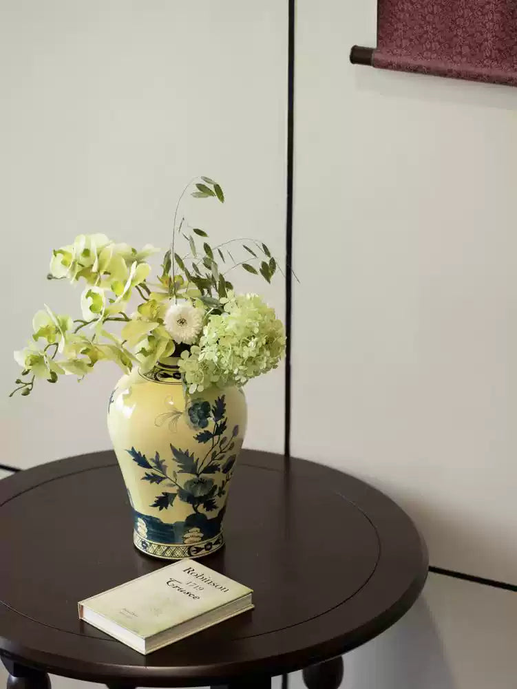 Oriental Italian Handmade Porcelain Vase in Naples Yellow with Cobalt Blue Floral Motifs