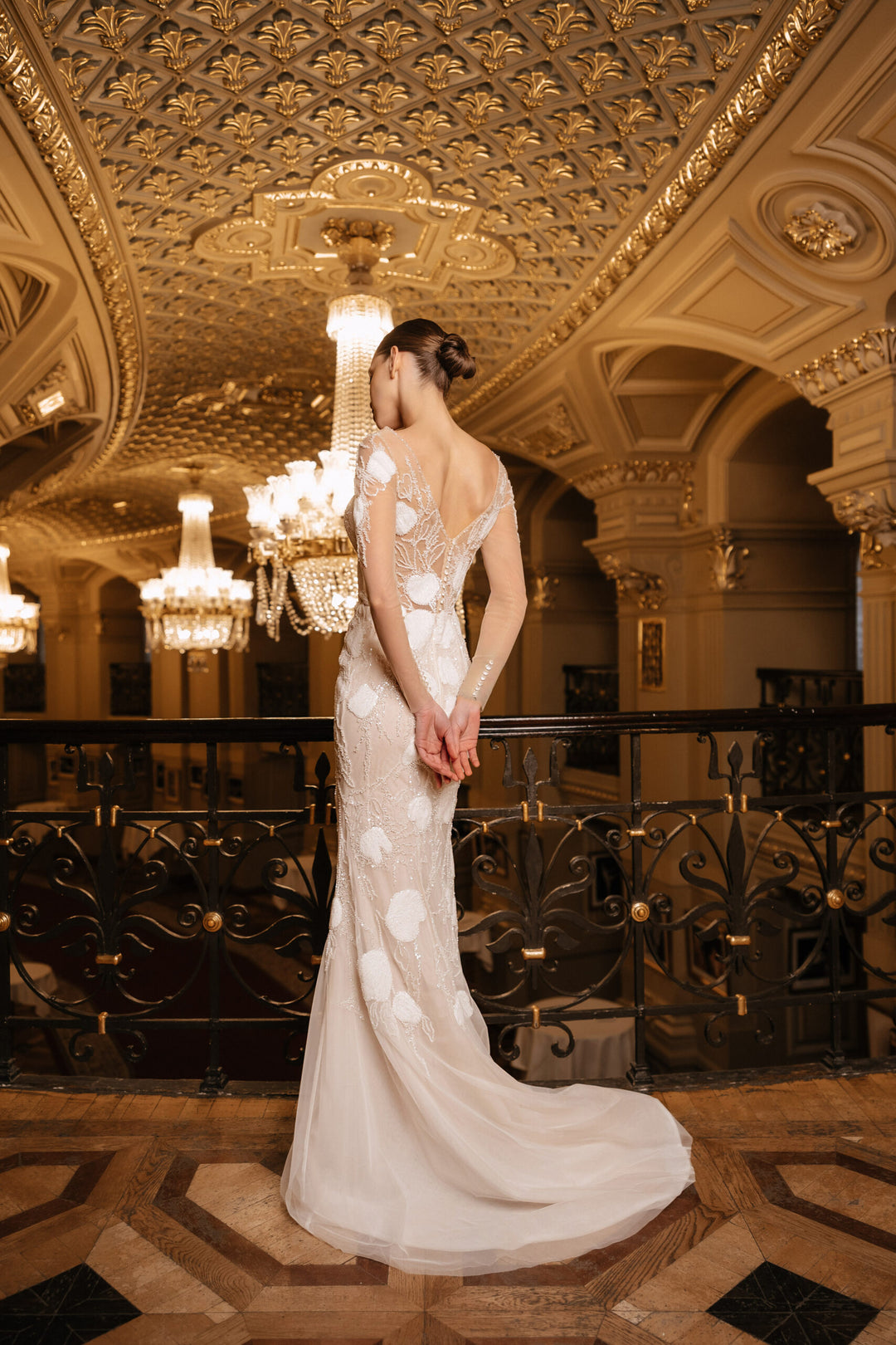 Ivory Mermaid Wedding Dress with Sheer Sleeves – Long Sleeve Sequin Wedding Dress with Deep V Neckline Plus Size – CLAUDIA