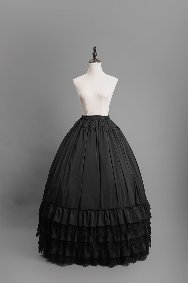 Victorian-Inspired Black Gothic Lolita Ball Gown with Lace Trim and Tiered Skirt – Edwardian Tencel Dress Plus Size