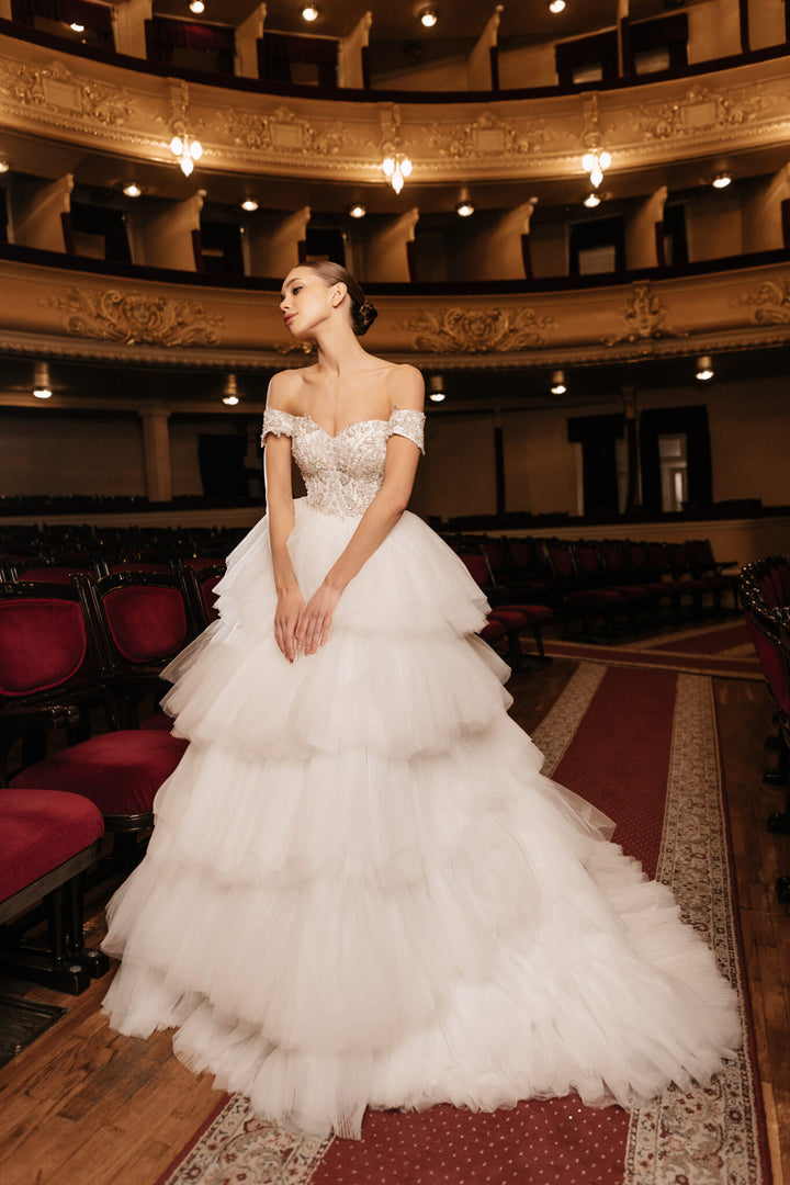 Ivory A-Line Wedding Dress with Pleated Skirt – Layered Tulle Ruffle Dress with Lace Corset Plus Size – RAFFAELLA