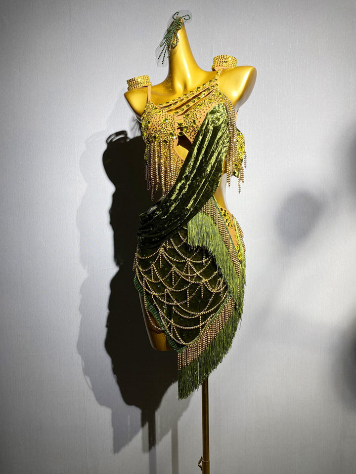Green Handmade Salsa Dance Costumewith Velvet Drape and Gold Bead Chains – Latin Fringe Dress