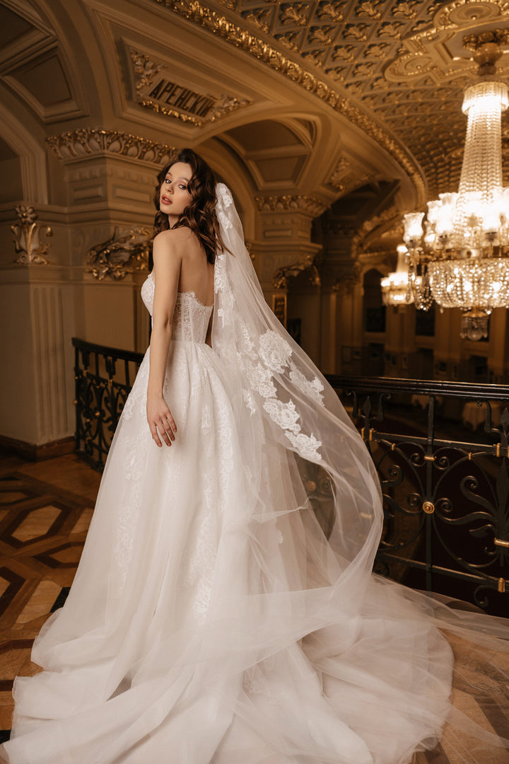 Ivory Lace A-Line Wedding Dress with Cape – Sleeveless Wedding Dress with Sheer Corset and Chantilly Lace Plus Size – JOSEPHINE