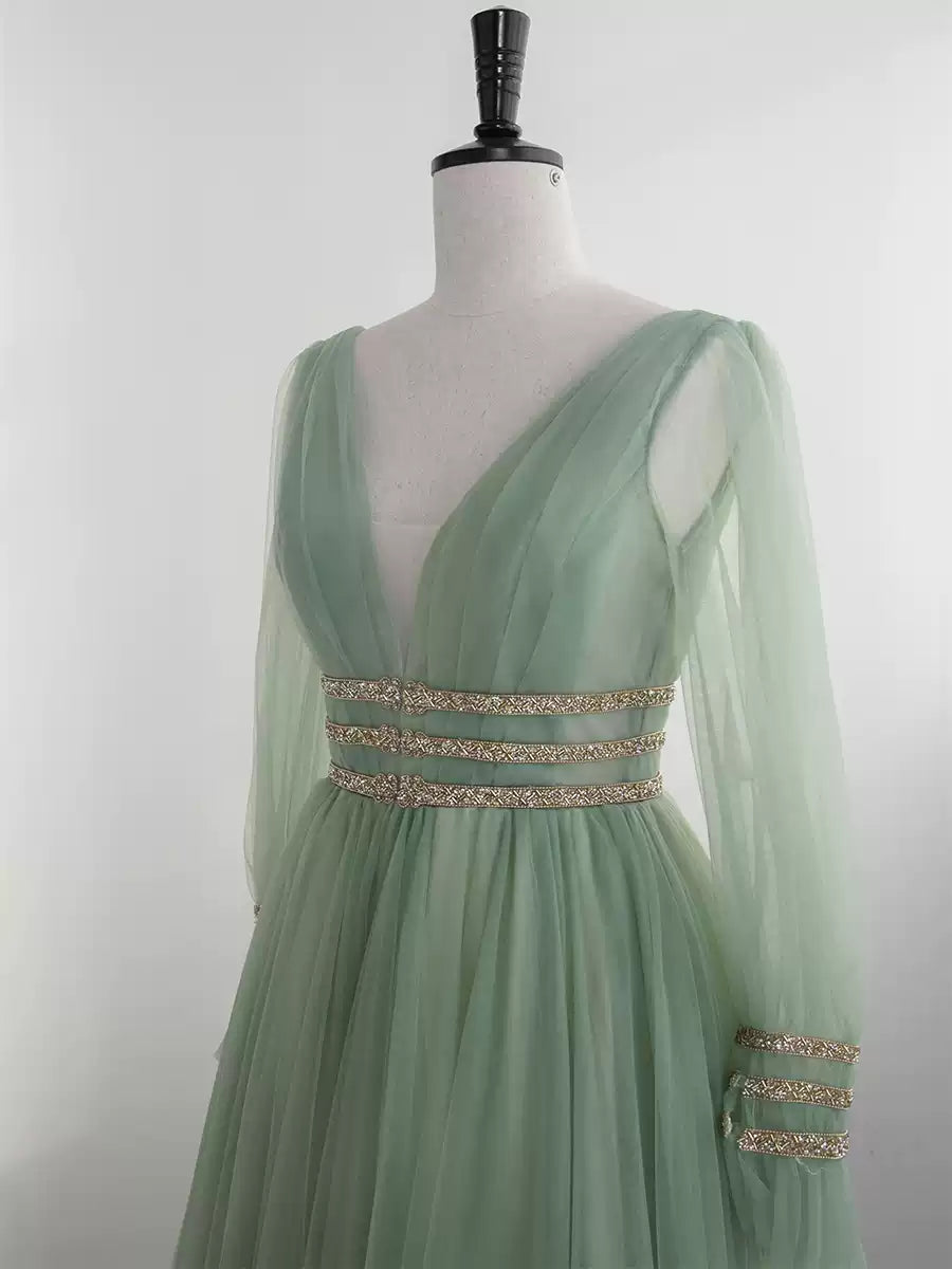 Fairy Sage Green Long Sleeves Evening Dress with V-Neck and Tulle A-Line Evening Dress with Gold Plus Size Size 18W / Sage Green Fairy Sage Green Long Sleeves Evening Dress with V-Neck and Tulle A-Line Evening Dress with Gold Plus Size Size 18W / Sage Green