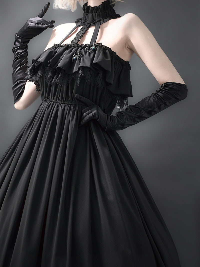 Victorian-Inspired Black Gothic Halter Ball Gown with Lace Ruffles – Lolita Dress with Off-Shoulder Design Plus Size