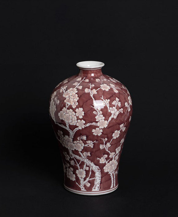 Oriental Vermilion Handmade Porcelain Vase with Royal Red Glaze Imported from France
