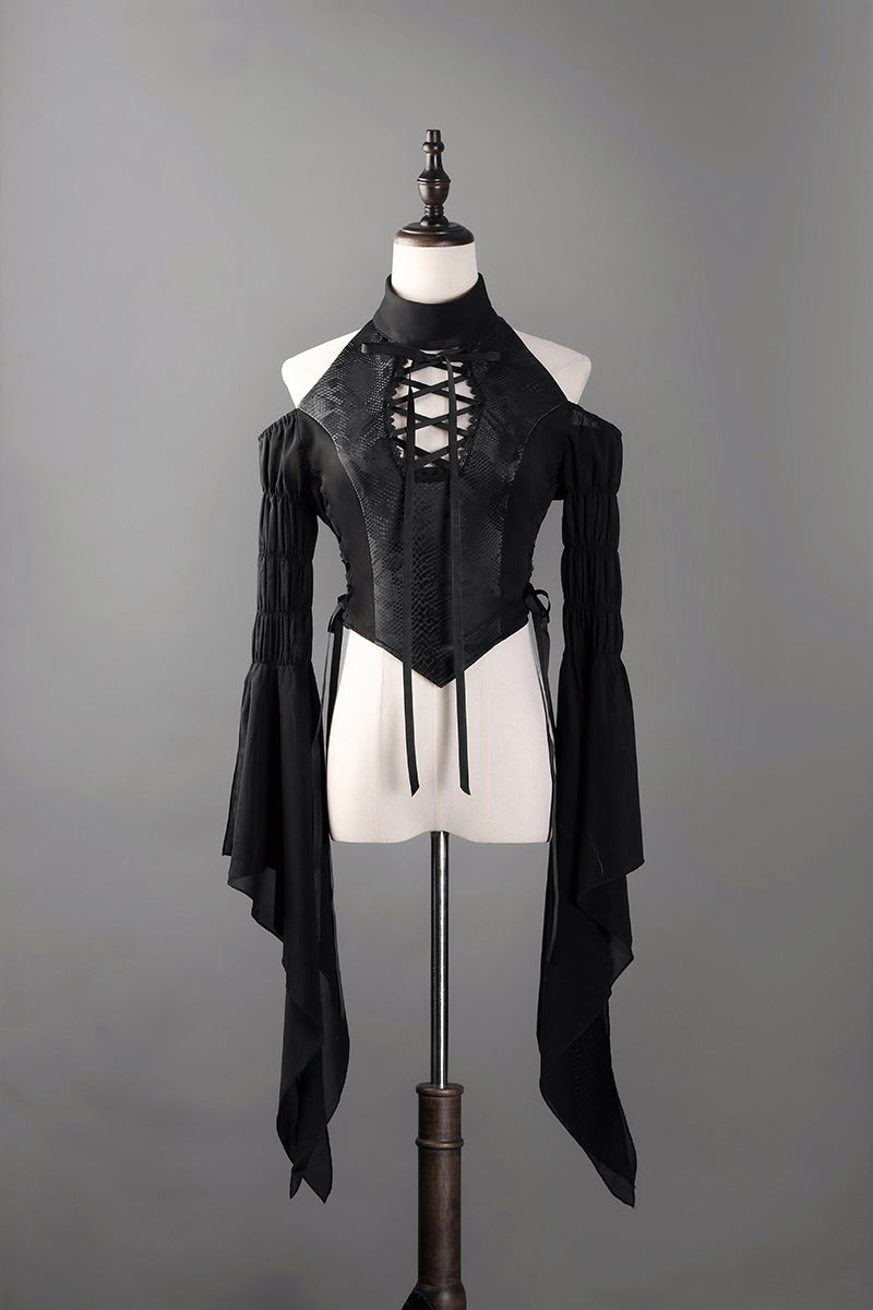 Victorian-Inspired Gothic Black Halter Dress with Bell Sleeves and Lace-Up – Long Sleeves Evening Gown Plus Size