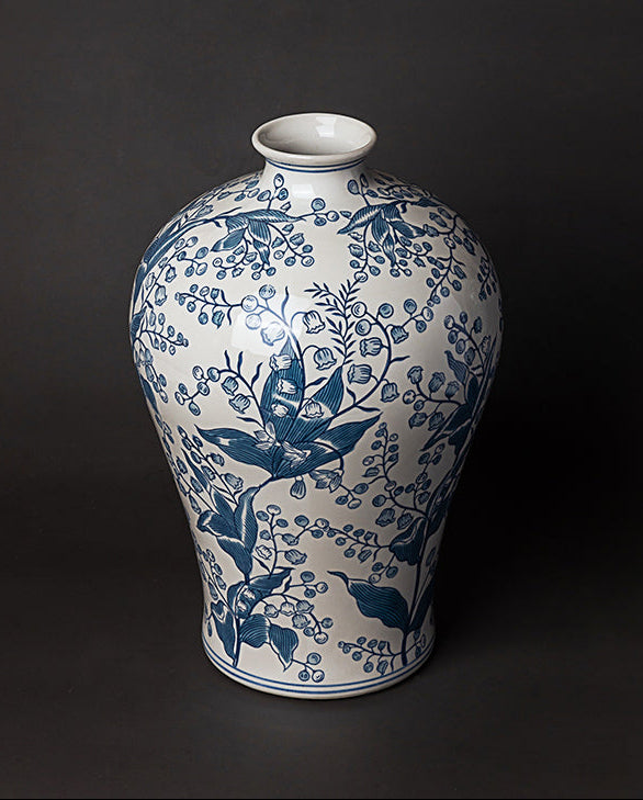 Oriental Light Blue Handcrafted Porcelain Vase and Entrance Decor with Lily of the Valley Motif
