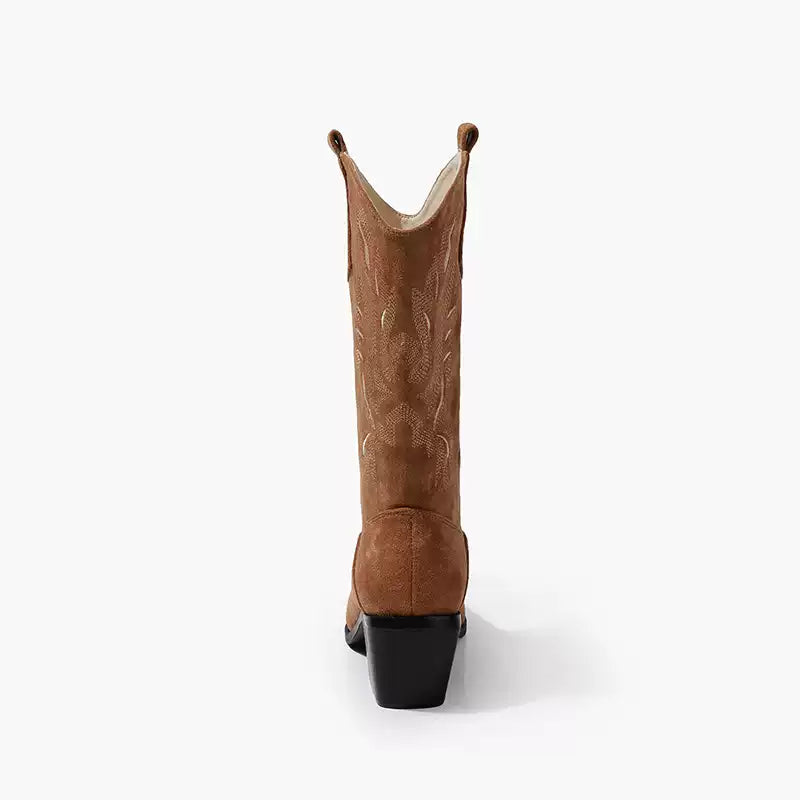 Vintage-Inspired Handmade Brown Suede Cowgirl Boots and Boho Western Mid Calf Boots in Brushed Suede Leather