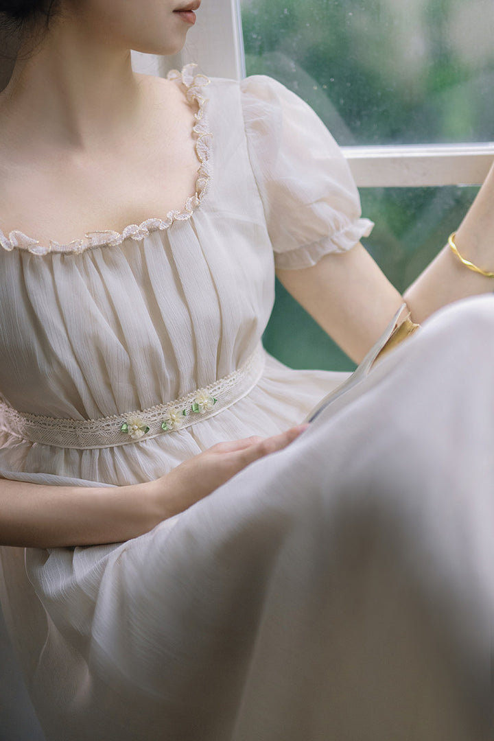 Regency Era Soft Grey Empire Waist Chiffon Dress with Puff Sleeves and Pleated Bust – Bridgerton Inspired Vintage Gown Plus Size