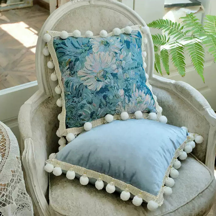 Monet’s Afternoon – Handmade Blue Velvet Cushion with Floral Tapestry and Pom Trim