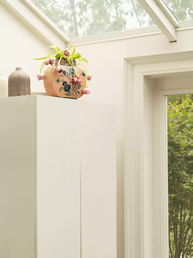 Antique Italian Porcelain Vase with Hand Painted Blue Floral Design in Spring Pink