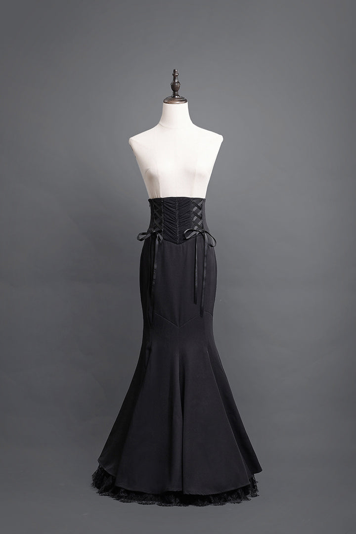 Victorian-Inspired Black Gothic Long Sleeve Velvet Evening Dress with Corset Waist – Lace Evening Gown Plus Size