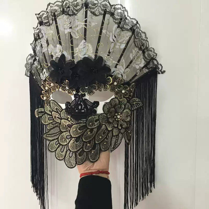 Victorian-Inspired Handmade Gothic Black and Gold Lace Face Mask with Fan Design – Elegant Mardi Gras Mask for Masquerade