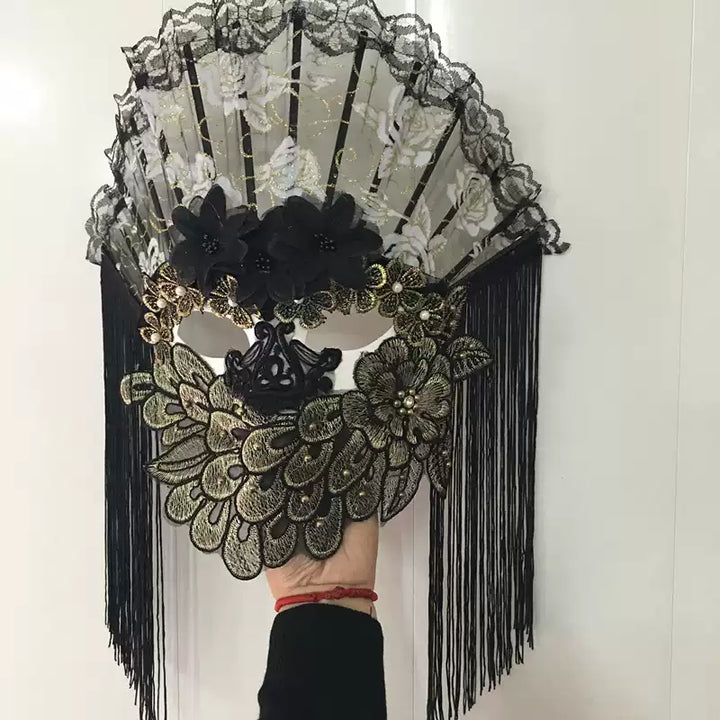 Victorian-Inspired Handmade Gothic Black and Gold Lace Face Mask with Fan Design – Elegant Mardi Gras Mask for Masquerade