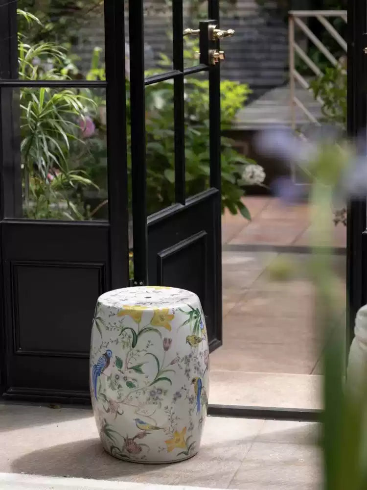Oriental Handmade White Crackle Glaze Porcelain Garden Stool with Hand Painted Floral and Bird Motif