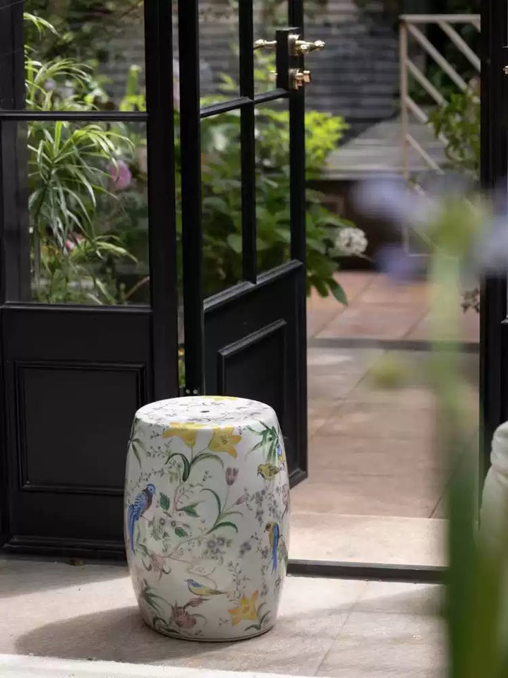 Oriental Handmade White Crackle Glaze Porcelain Garden Stool with Hand Painted Floral and Bird Motif