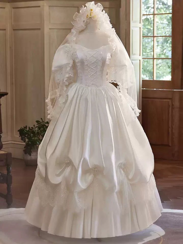 White Satin Wedding Dress with Puff Sleeve –  Lace Wedding Gown Off Shoulder with Ruched Skirt and Corset Plus Size
