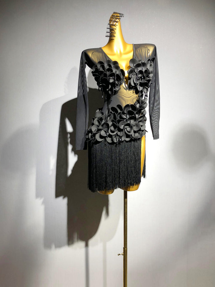 Black Salsa Dance Dress Black Fringe with 3D Appliqué Mesh Long Sleeves – Handmade Latin Dance Costumes