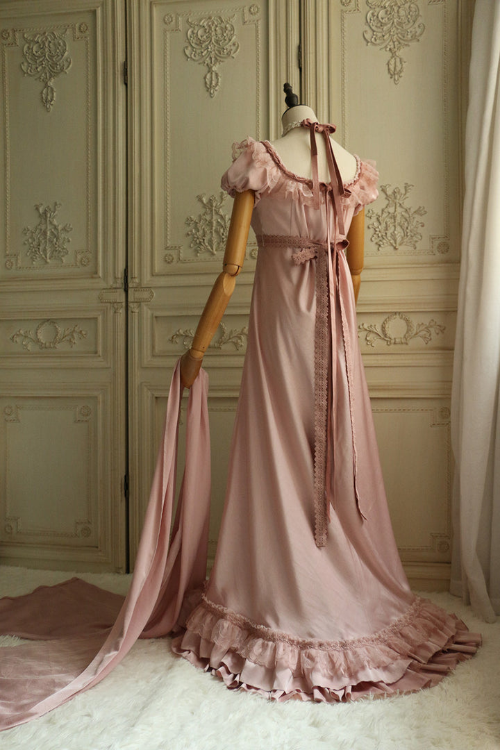 Regency Era Vintage Dusty Rose Empire Waist Dress – Bridgerton Inspired Pink Embossed Gown Plus Size