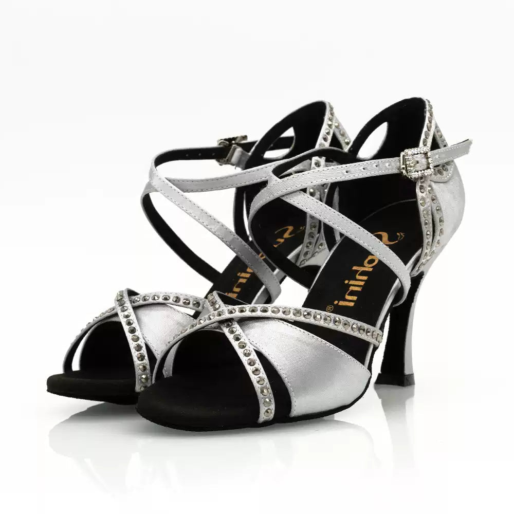 Moonlit Whisper – Handmade Silver Silk Satin Salsa Heels