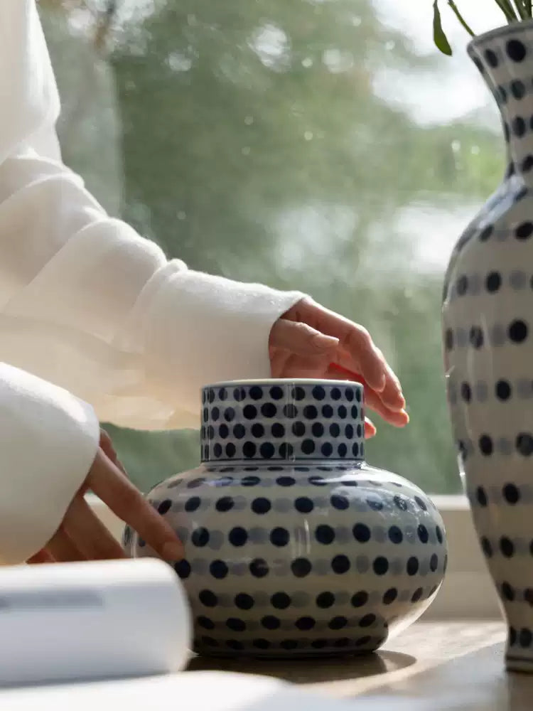 Vintage-Inspired Artistical Handcrafted Blue and White Porcelain Vase Set with Hand Painted Polka Dot