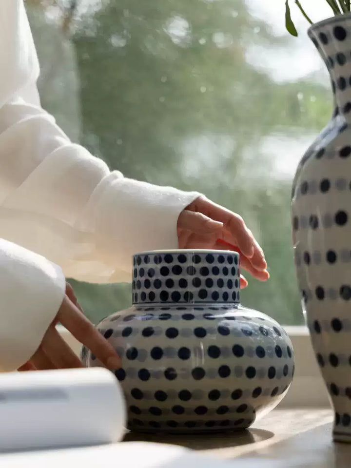 Vintage-Inspired Artistical Handcrafted Blue and White Porcelain Vase Set with Hand Painted Polka Dot