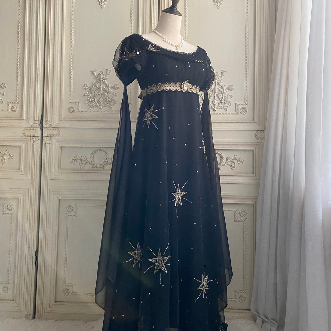 Regency Era Midnight Black Star Embroidered Empire Waist Gown – Bridgerton Inspired Dress Plus Size