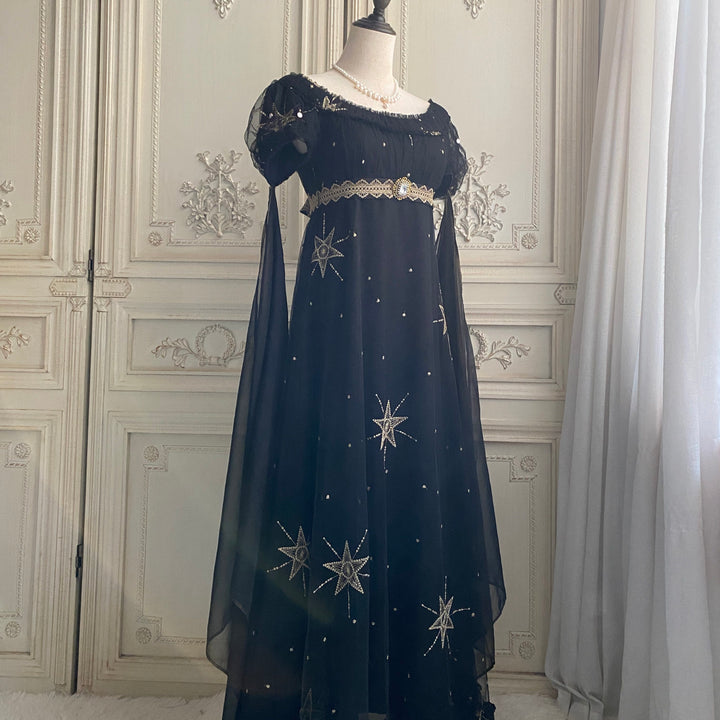 Regency Era Midnight Black Star Embroidered Empire Waist Gown – Bridgerton Inspired Dress Plus Size