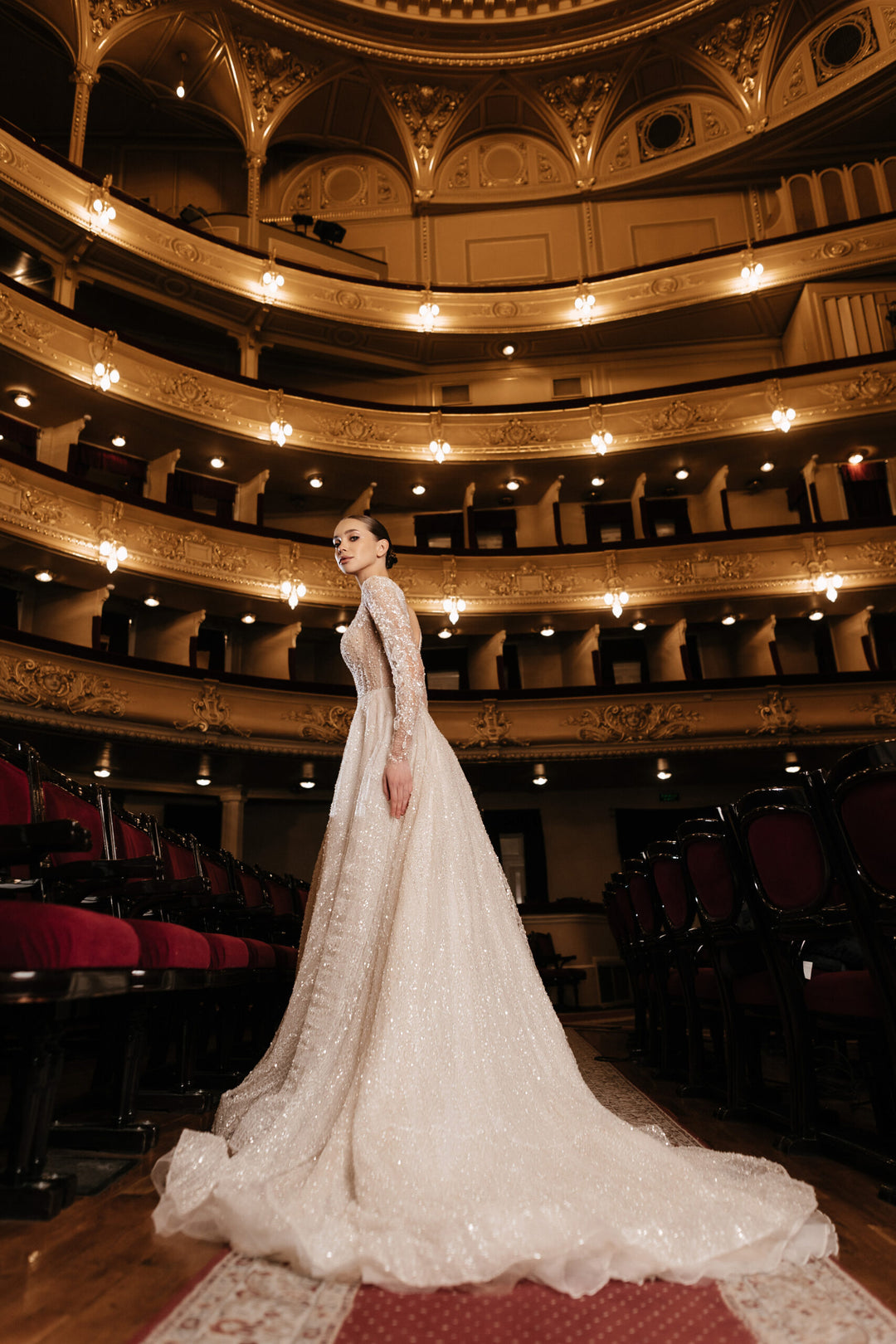 Ivory Sequin Wedding Dress with Long Lace Sleeves – A-Line Wedding Dress with Plunging Neckline Plus Size – VITTORIA