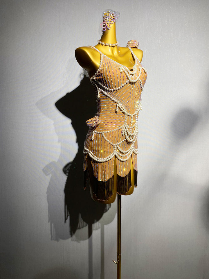 Nude Salsa Sequin Dress with Pearl Chains and Black Fringe – Handmade Latin Ballroom Dance Costume