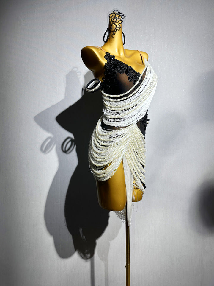 Black and White Salsa Fringe Dress with Pearl Drape and Lace Appliqué – Handmade Latin Ballroom Dance Costume