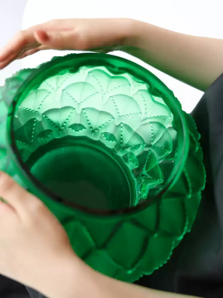 French Imported Art Deco Handmade Emerald Green Frosted Crystal Vase with Carved Art Glass Design