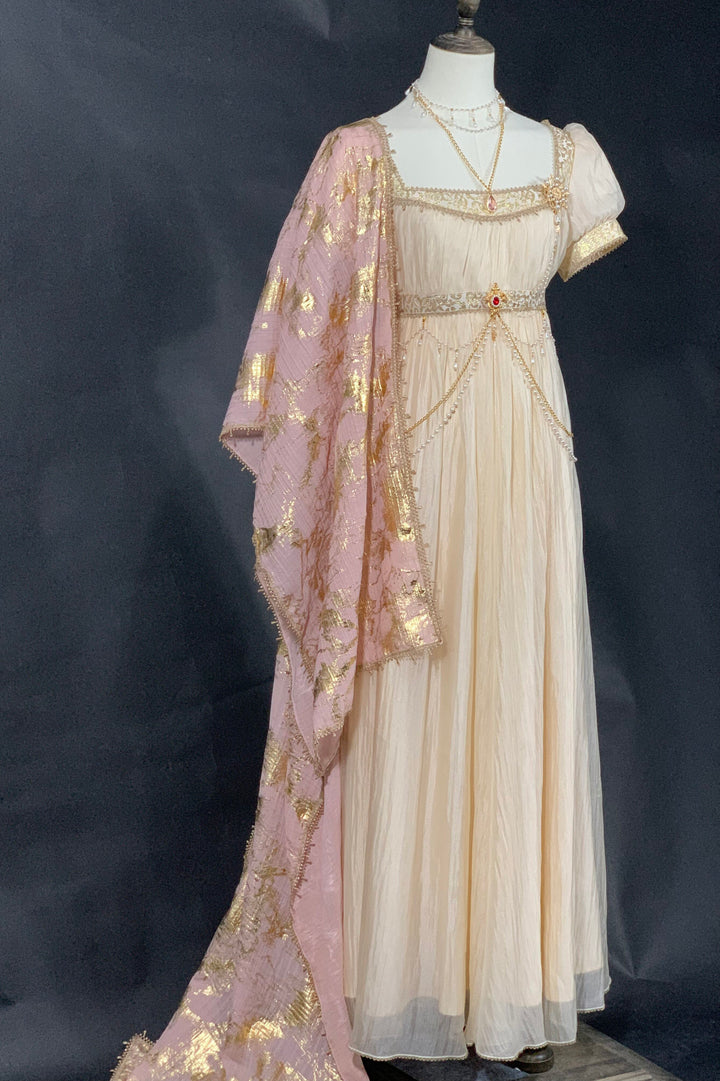 Bridgerton Champagne Vintage Empire Waist Gown with Puff Sleeves and Beaded Bodice – Regency Era Inspired Premium Vintage Gown Plus Size