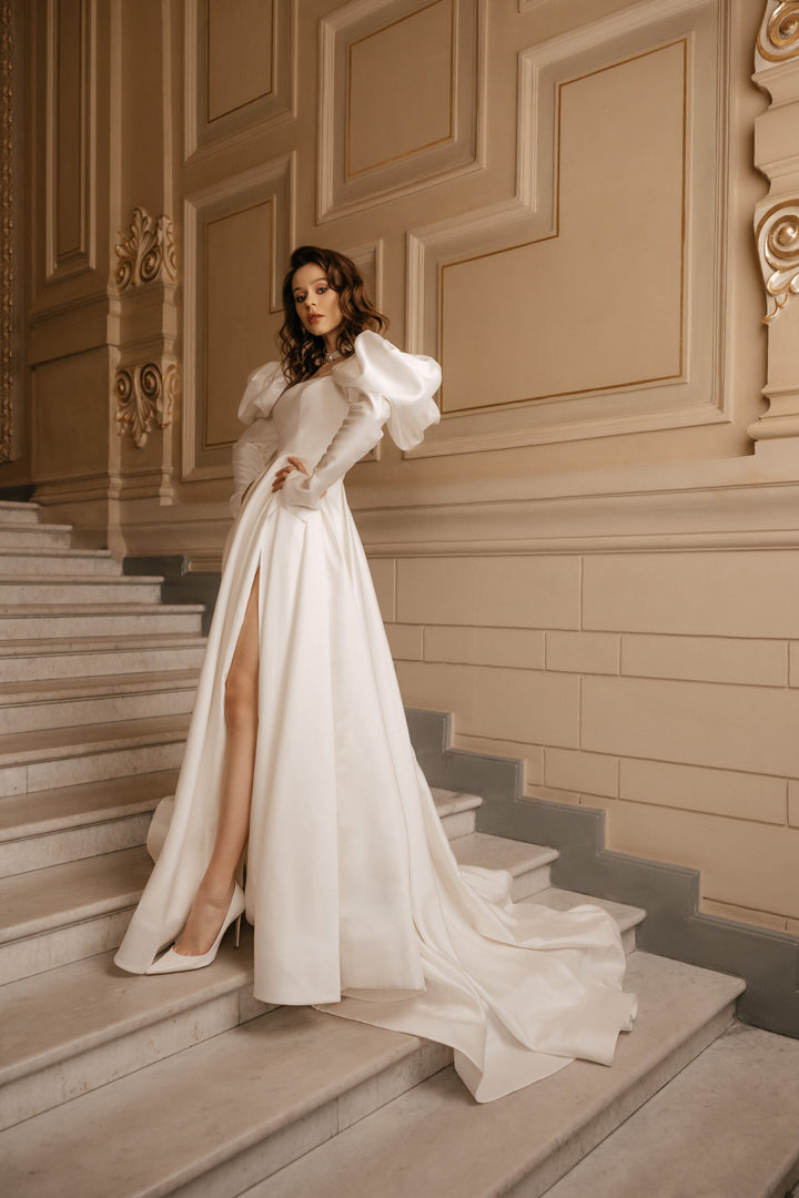 Ivory A-Line Wedding Dress with Empire Waist – Long Sleeves Wedding Dress with High Slit Plus Size – PAOLA