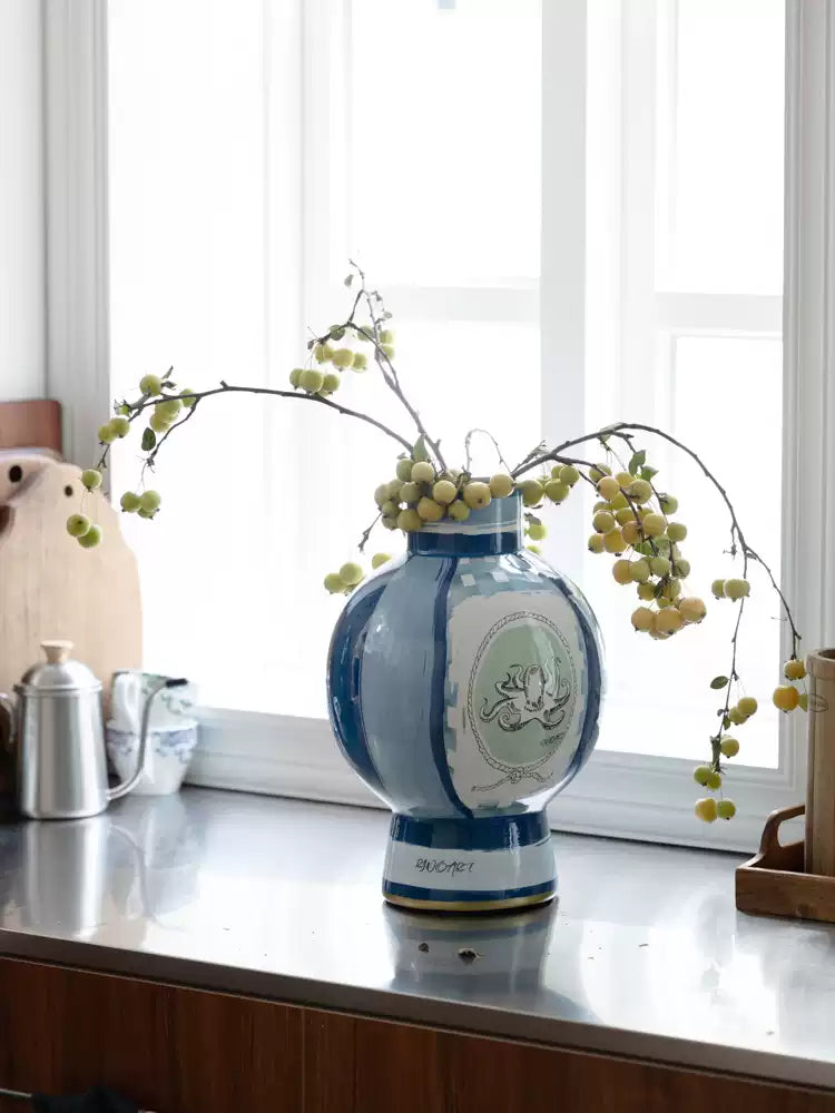 Antique Italian Blue and White Porcelain Vase Inspired by Richard Ginori with Hand-Painted Gilded Maritime Motifs
