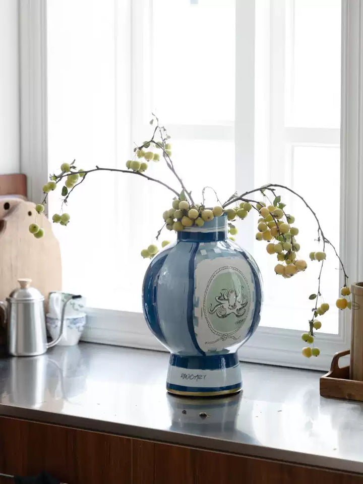 Antique Italian Blue and White Porcelain Vase Inspired by Richard Ginori with Hand-Painted Gilded Maritime Motifs