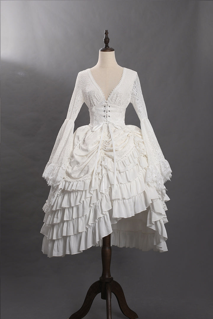 Victorian-Inspired White Lace Corset Dress with Bell Sleeves – Layered Ruffle High-Low Bridal Gown Plus Size