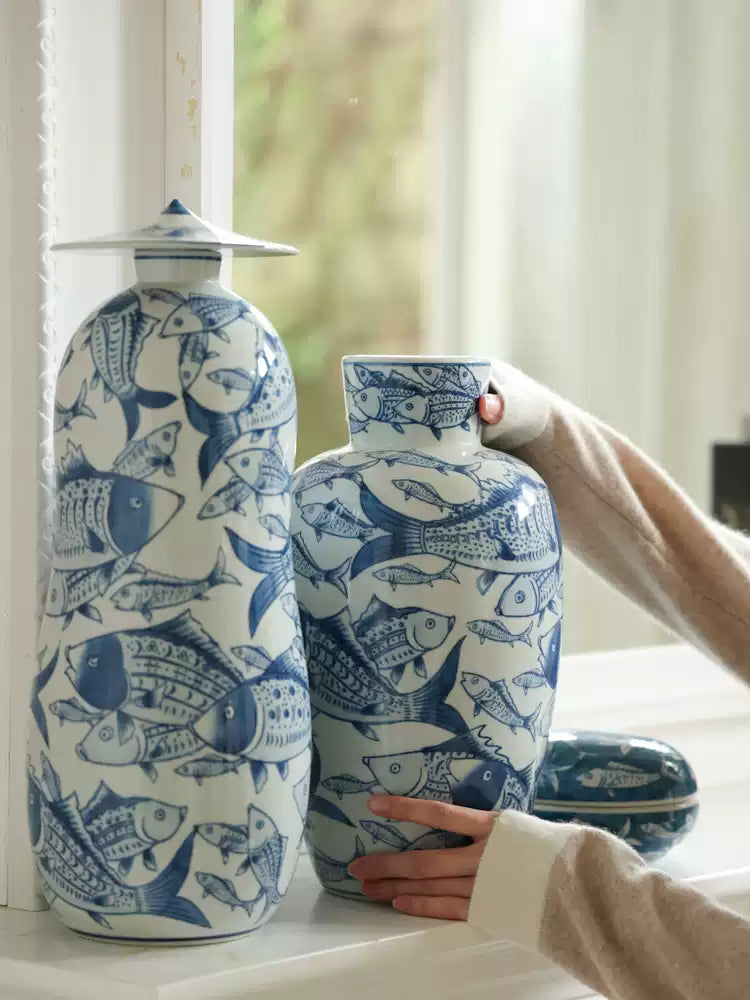 Oriental Handmade French Blue and White Porcelain Vase and Box Set with Hand-Painted Fish Motifs
